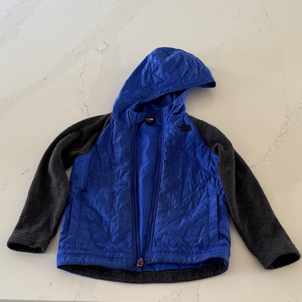 The North Face Kids Blue Hooded Puffer Jacket with Gray Sleeves